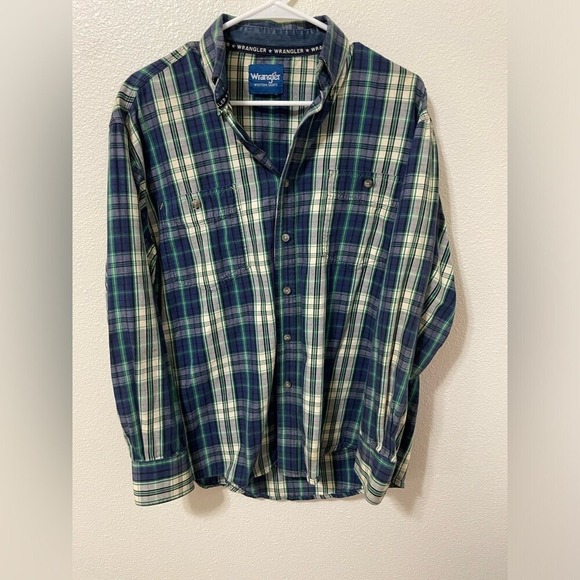 Wrangler Western Shirt Plaid Long Sleeve Button Up Collared‎ Blue Green M Size L - Picture 1 of 7